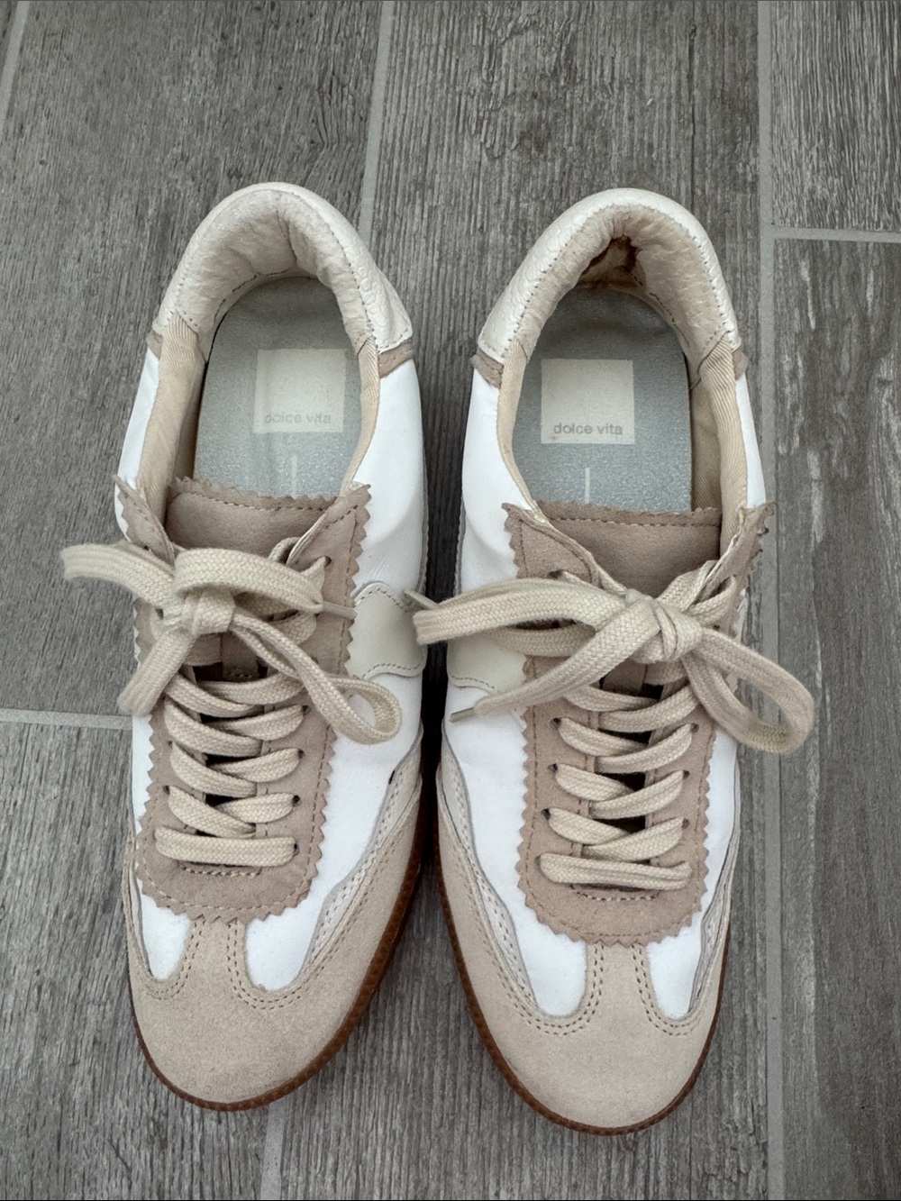 Dolce Vita White and Tan Suede-Trim Sneakers